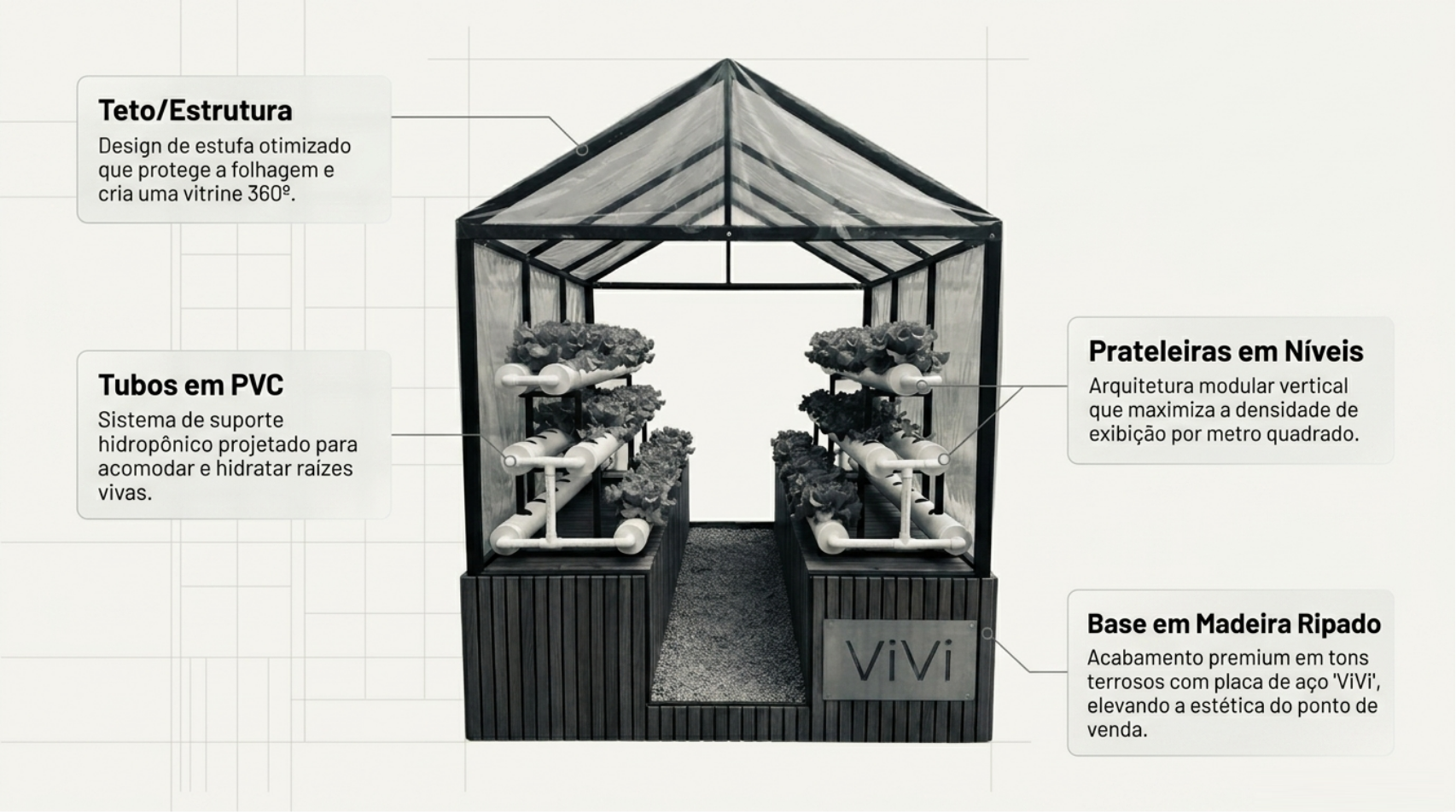 Planta (alface/rúcula) com raízes expostas dentro da ViVi
